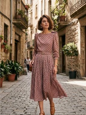 Vintage Japan Made Red Geometric Geometric Bow Pattern Midi Dress with Belt M